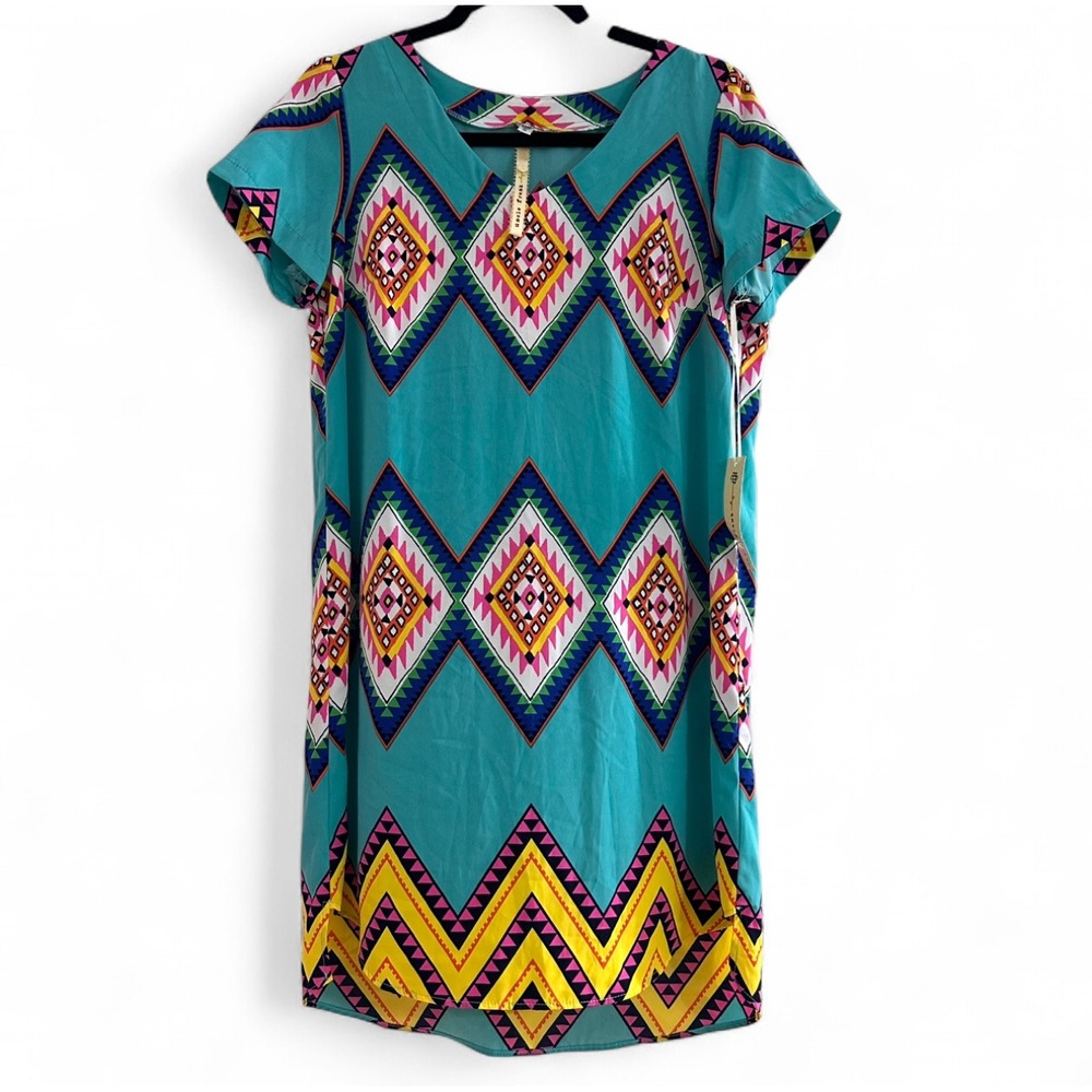 Uncle Frank Teal Blue Aztec Geometric Short Sleeve Dress Western Cowgirl Boho S‎